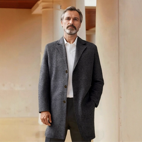 Men Business Casual Mid-Length Trench Coat Polyester Slim Fit Single Breasted Notch Lapel Solid Color Overcoat For Spring