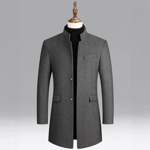 Abrigo de Mezcla de Lana para Hombre Business Casual Largo Medio Cuello Alto Corte Ajustado Sobretodo de Invierno Color Sólido Chaqueta