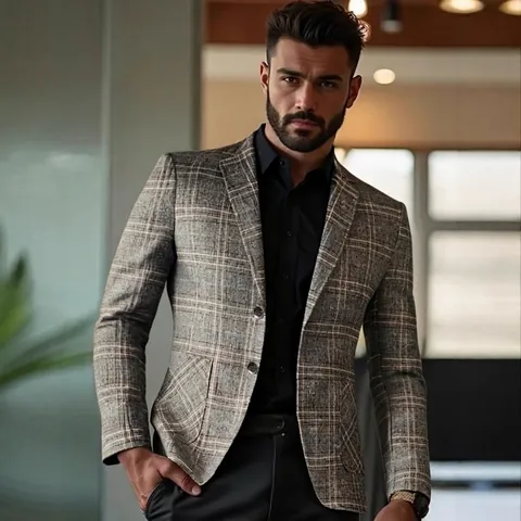 Giacca Blazer da Uomo Slim Fit a Quadri Business Casual con Rever a Lancia Cappotto per Abito Classico Stile Britannico Trendy