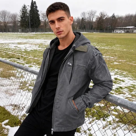 Mens Cargo Style Hooded Jacket Thick Warm Fleece Lined Outerwear Casual Outdoor Long Sleeve Zip Up Coat For Men Autumn Winter