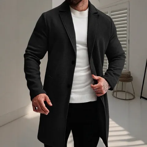 Men's Mid-Long Single Breasted Wool Blend Trench Coat Slim Fit Notch Lapel Business Casual Overcoat Outerwear For Men