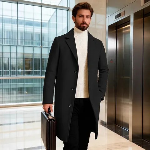 Heren Klassieke Halflange Single Breasted Reverskraag Slim Fit Zakelijke Trenchcoat Polyester Overjas Voor De Herfst