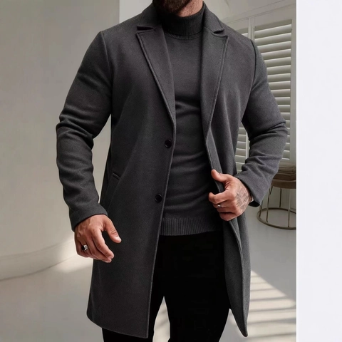 Men's Mid-Long Single Breasted Wool Blend Trench Coat Slim Fit Notch Lapel Business Casual Overcoat Outerwear For Men
