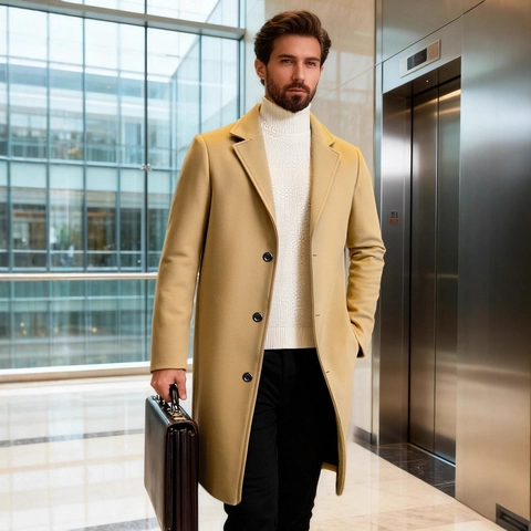 Heren Klassieke Halflange Single Breasted Reverskraag Slim Fit Zakelijke Trenchcoat Polyester Overjas Voor De Herfst