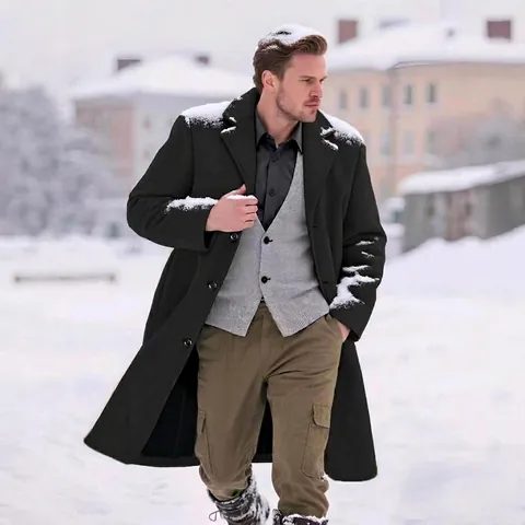 Men Long Wool Blend Coat Slim Fit Single Breasted Overcoat Quilted Lining Warm Winter Outwear Casual Lapel Trench Jacket