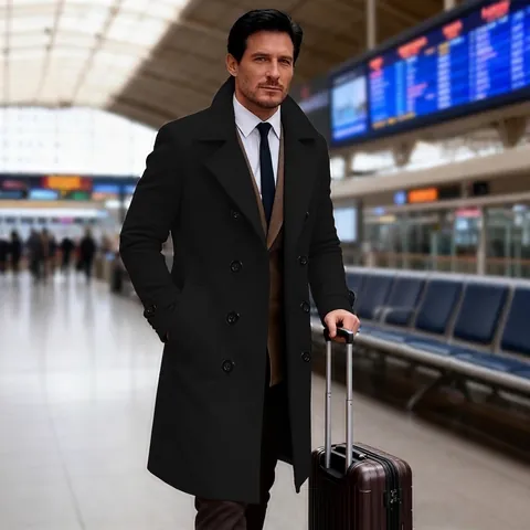 Men Long Double Breasted Woolen Style Coat Polyester Notched Lapel Business Trench Jacket Solid Color Windproof Overcoat
