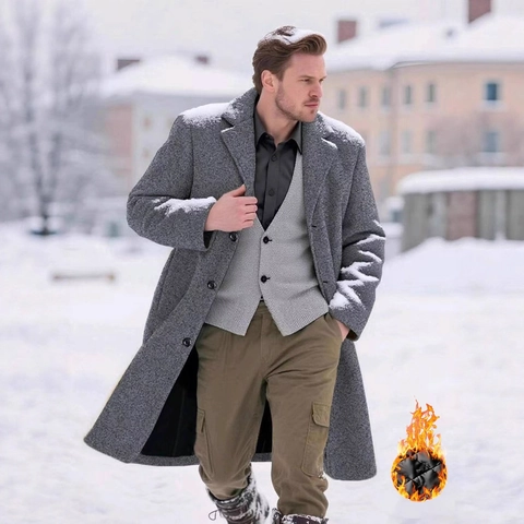 Men Long Wool Blend Coat Slim Fit Single Breasted Overcoat Quilted Lining Warm Winter Outwear Casual Lapel Trench Jacket