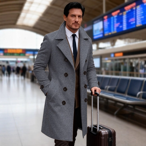 Men Long Double Breasted Woolen Style Coat Polyester Notched Lapel Business Trench Jacket Solid Color Windproof Overcoat