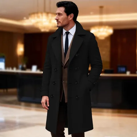 Men Double Breasted Long Overcoat Business Casual Solid Color Lapel Trench Coat British Style Slim Fit Outerwear Overcoat