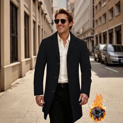 Pardessus Mi-Long en Laine pour Hommes Manteau d'Hiver à Boutonnage Simple Avec Doublure Matelassée Trench Business Casual Hommes