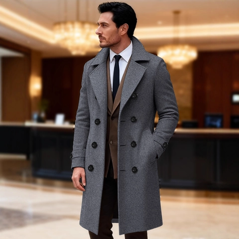 Men Double Breasted Long Overcoat Business Casual Solid Color Lapel Trench Coat British Style Slim Fit Outerwear Overcoat