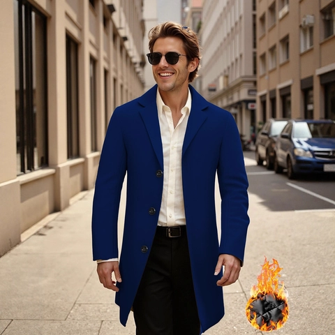 Pardessus Mi-Long en Laine pour Hommes Manteau d'Hiver à Boutonnage Simple Avec Doublure Matelassée Trench Business Casual Hommes