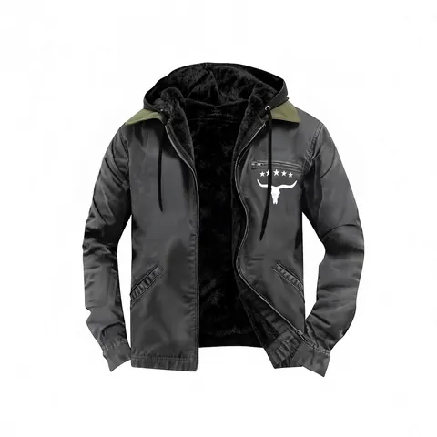 Herren Winter Kapuzenjacke Verdickt Kunstfell Gefüttert Warm Oberbekleidung Winddicht Casual Outdoor Mantel Mit Stierkopf-Druck