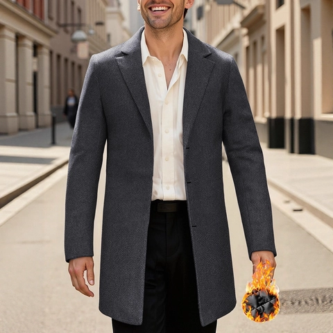 Herren Mittellanger Wollmantel Mit Gestepptem Futter Reverskragen Einreihiger Slim Fit Winter Trenchcoat Für Business Casual