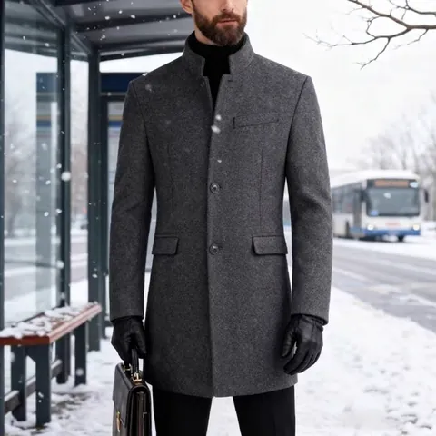 Cappotto da Uomo Invernale Slim Fit in Misto Lana Con Colletto alla Coreana Giacca Calda di Media Lunghezza per Business Casual