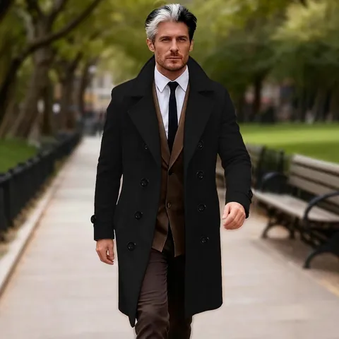 Heren Double Breasted Middellange Overjas 100 Procent Polyester Wolachtig Inkeping Revers Slim Fit Trenchcoat Voor Business Casual