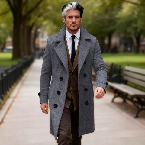 Heren Double Breasted Middellange Overjas 100 Procent Polyester Wolachtig Inkeping Revers Slim Fit Trenchcoat Voor Business Casual