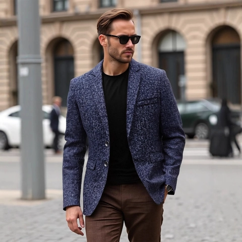 Herren Slim Fit Business Casual Sakko Polyester Melange Muster Anzugjacke Langarm Reverskragen Für Büro Alltag Reif