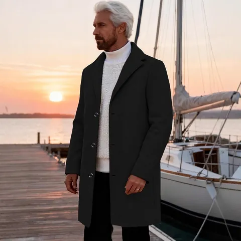 Men's Single Breasted Mid-length Trench Coat Polyester Woolen Fabric Overcoat Business Casual Slim Fit Outerwear For Men