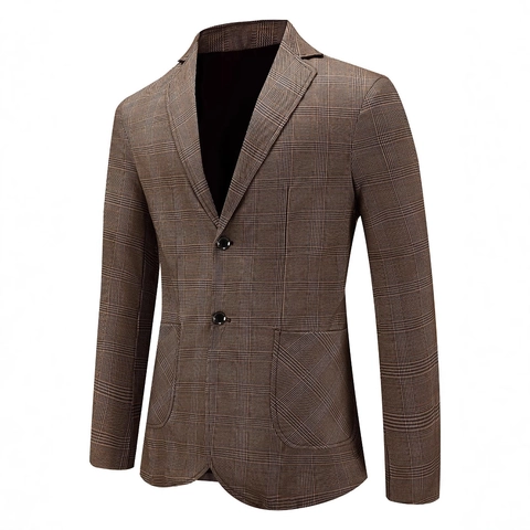 Blazer à Carreaux pour Hommes Coupe Ajustée Polyester Col à Revers Business Décontracté Simple Boutonnage Veste Homme