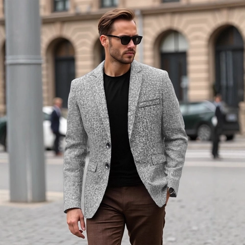 Herren Slim Fit Business Casual Sakko Polyester Melange Muster Anzugjacke Langarm Reverskragen Für Büro Alltag Reif