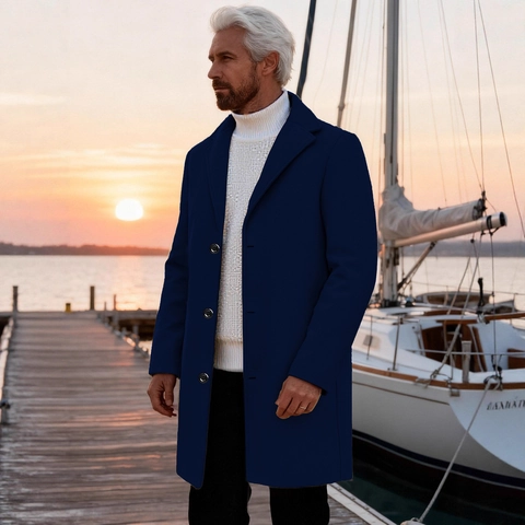 Men's Single Breasted Mid-length Trench Coat Polyester Woolen Fabric Overcoat Business Casual Slim Fit Outerwear For Men