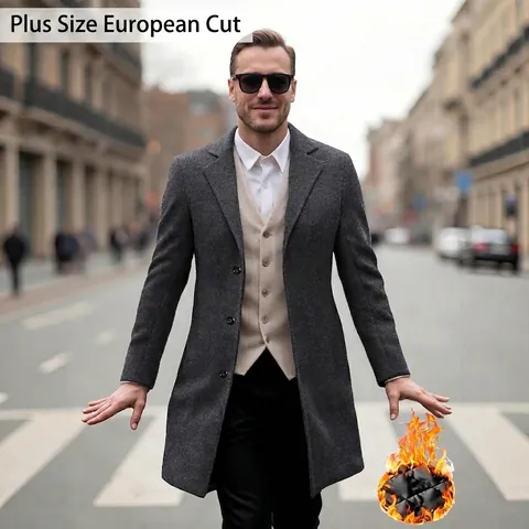 Men Winter Mid Length Woolen Overcoat Thick Warm Single Breasted Trench Coat Business Casual Notched Lapel Jacket Outerwear