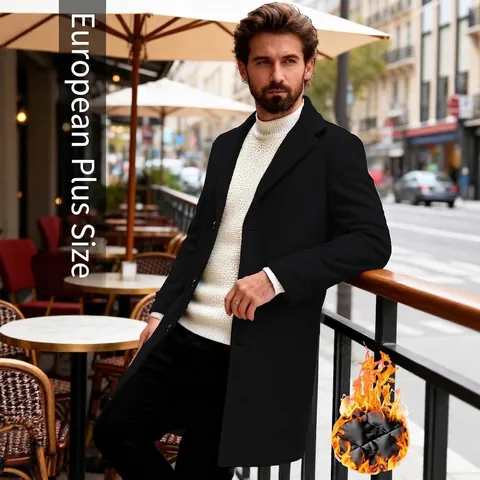 Manteau Mi-Long En Laine Pour Hommes À Boutonnage Simple Doublure Matelassée Chaude Et Col À Revers Business Casual Veste