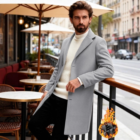 Manteau Mi-Long En Laine Pour Hommes À Boutonnage Simple Doublure Matelassée Chaude Et Col À Revers Business Casual Veste