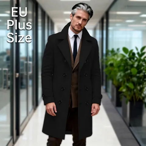 Heren Business Casual Double Breasted Trenchcoat Lange Revers Windjack Polyester Jas Voor Herfst Winter Kantoor Stijl