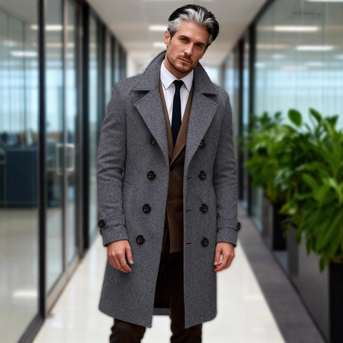 Heren Business Casual Double Breasted Trenchcoat Lange Revers Windjack Polyester Jas Voor Herfst Winter Kantoor Stijl
