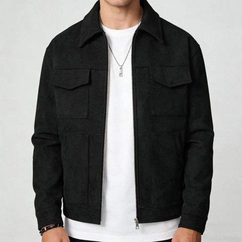 Men's Faux Suede Jacket Vintage Lapel Collar Zipper Outerwear Casual Workwear Style Solid Color Long Sleeve Jacket For Autumn