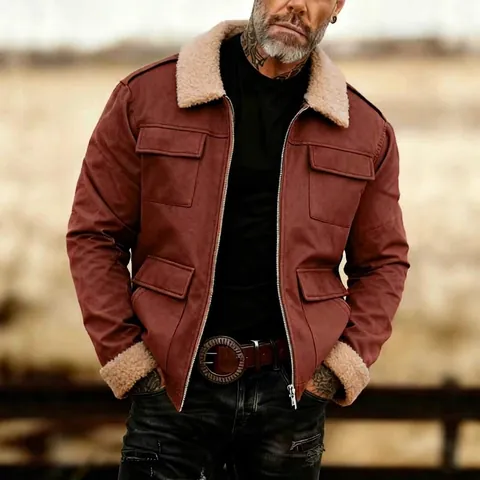 Men Retro Outdoor Workwear Jacket Thickened Warm Fleece Lined Polyester Coat Pockets Solid Color Casual Autumn Winter Outerwear