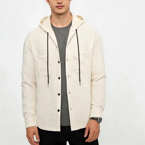 Men Casual Hooded Shirt Jacket Polyester Long Sleeve Top Solid Color Button Shacket For Travel Daily Minimalist Shacket