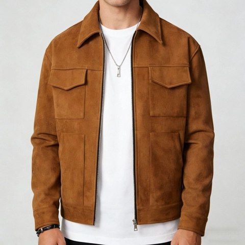 Men's Faux Suede Jacket Vintage Lapel Collar Zipper Outerwear Casual Workwear Style Solid Color Long Sleeve Jacket For Autumn