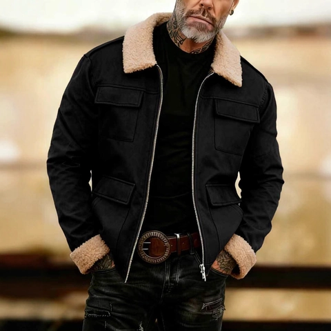 Men Retro Outdoor Workwear Jacket Thickened Warm Fleece Lined Polyester Coat Pockets Solid Color Casual Autumn Winter Outerwear