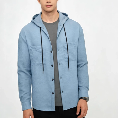 Men Casual Hooded Shirt Jacket Polyester Long Sleeve Top Solid Color Button Shacket For Travel Daily Minimalist Shacket