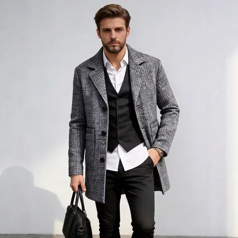 Herren Grau Kariert Wolloptik Mantel Revers Einreihig Mittellang Business Casual Oberbekleidung Für Frühling Herbst Arbeit Büro