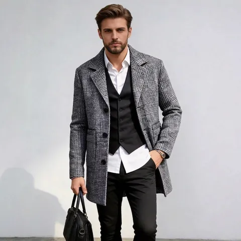 Herren Grau Kariert Wolloptik Mantel Revers Einreihig Mittellang Business Casual Oberbekleidung Für Frühling Herbst Arbeit Büro
