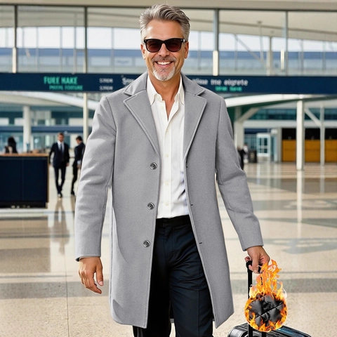 Men Business Casual Wool Look Overcoat Single Breasted Thick Warm Quilted Lining Trench Coat Winter Outerwear Mid Length Jacket