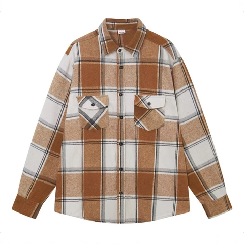 Camicia Casual da Uomo in Flanella a Quadri Manica Lunga Botton Down Colletto a Revers Vintage con Tasche sul Petto