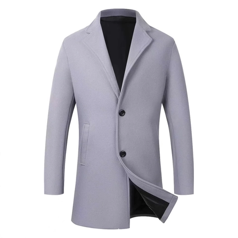 Men's Slim Fit Mid Length Trench Coat Single Breasted Business Casual Overcoat Solid Color Wool Blend Outerwear For Winter