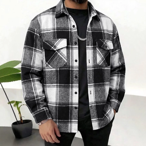 Men's Casual Polyester Flannel Checkered Long Sleeve Shirt Classic Plaid Button Down Top With Double Chest Pockets For Autumn