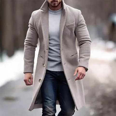 Abrigo de Lana para Hombre Estilo Británico Largo Medio Cálido Botonadura Sencilla Gabardina con Botones de Metal Ropa Casual de Negocios