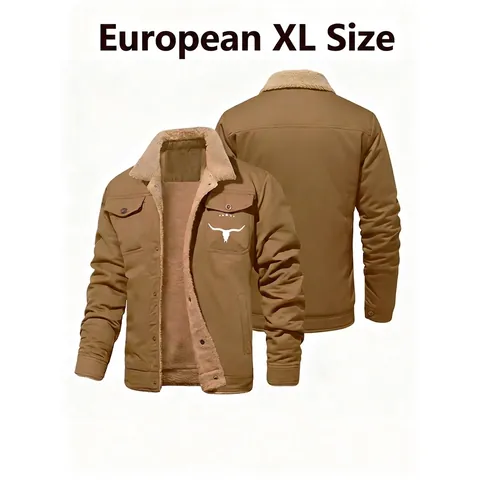 Men Sherpa Lined Work Jacket Fleece Warm Winter Coat Cattle Skull Print Western Retro Button Down Outerwear For Youth