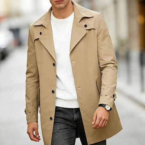 Men Classic Single Breasted Trench Coat Mid-Length Lapel Casual Solid Color Windbreaker Jacket For Work Office Outwear