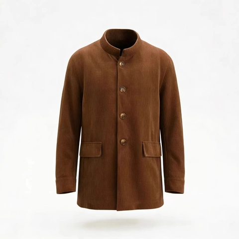Men Business Casual Polyester Corduroy Blazer Jacket Stand Collar Single Breasted Slim Fit Vintage Office Sport Coat