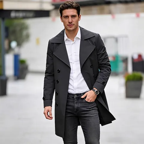 Heren Klassieke Double-breasted Trenchcoat Polyester Middellang Casual Urban Fashion Windjack Met Reverskraag