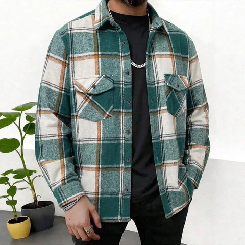 Men's Casual Polyester Flannel Checkered Long Sleeve Shirt Classic Plaid Button Down Top With Double Chest Pockets For Autumn