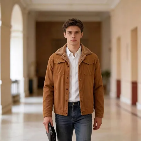 Giacca da Uomo Casual con Colletto in Pile Sherpa Autunno Inverno Capospalla da Lavoro Imbottito Tasche Multiple Cappotto Monopetto